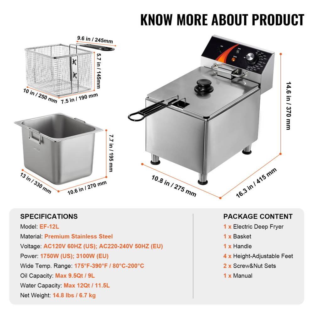 Commercial Electric Deep Fryer Countertop Stainless Steel 12Qt 1750W Heavy Duty Restaurant Kitchen Equipment