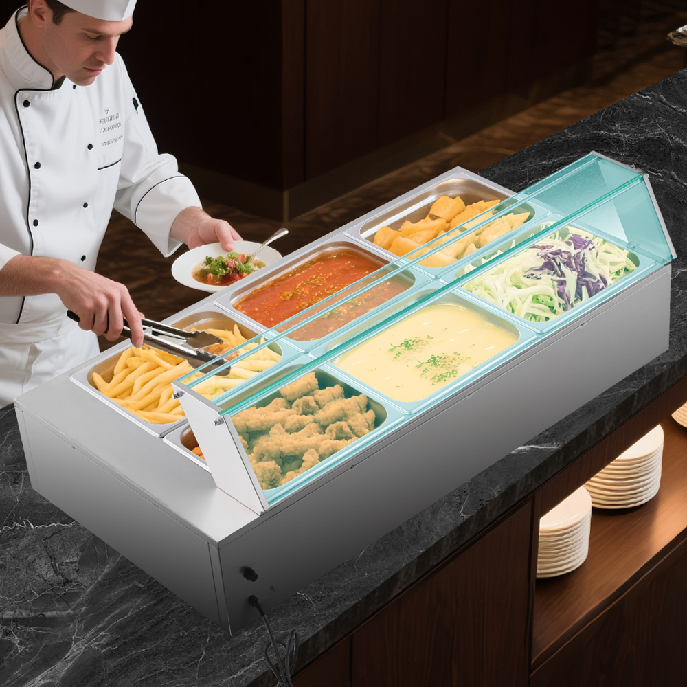 1500W Commercial Electric Food Warmer - Stainless Steel Buffet Bain Marie Steam Table with Glass Cover & 6 Pans for Catering, Restaurant, and Party
