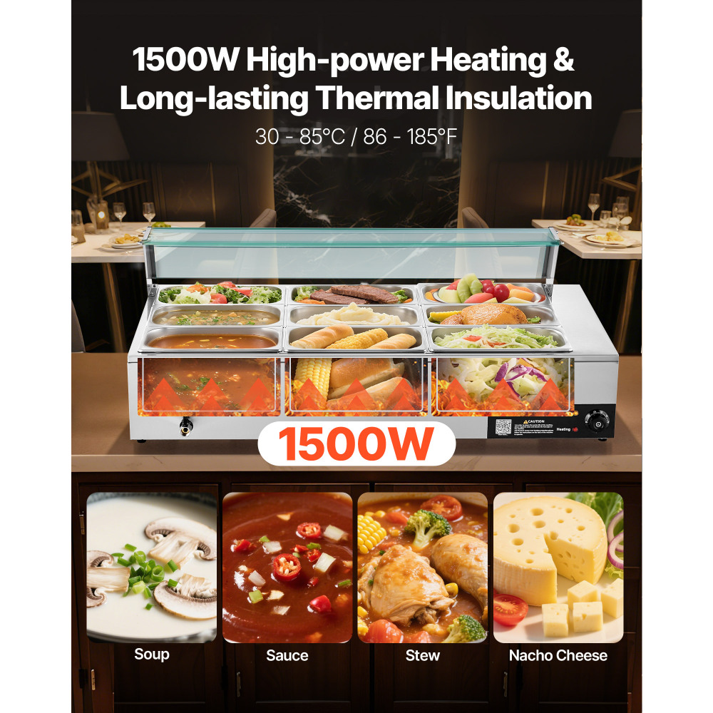 1500W Commercial Electric Steam Table Food Warmer, Stainless Steel 9-Pan Countertop Buffet Bain Marie with Glass Cover & Ladles for Catering