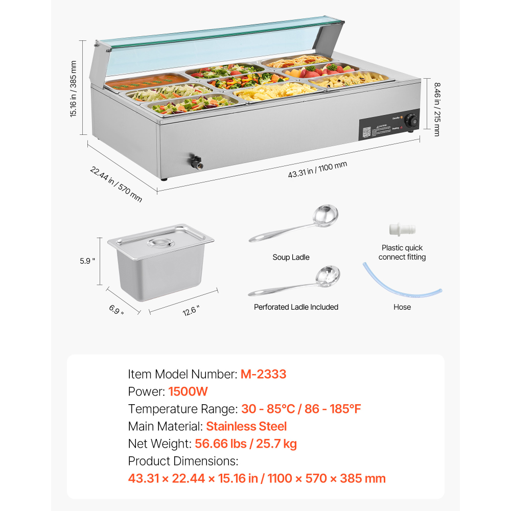 1500W Commercial Electric Steam Table Food Warmer, Stainless Steel 9-Pan Countertop Buffet Bain Marie with Glass Cover & Ladles for Catering
