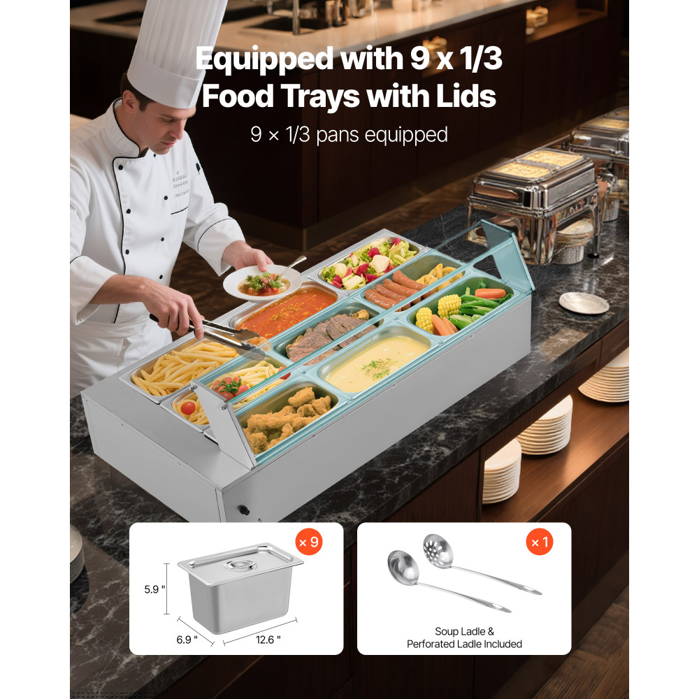 1500W Commercial Electric Steam Table Food Warmer, Stainless Steel 9-Pan Countertop Buffet Bain Marie with Glass Cover & Ladles for Catering