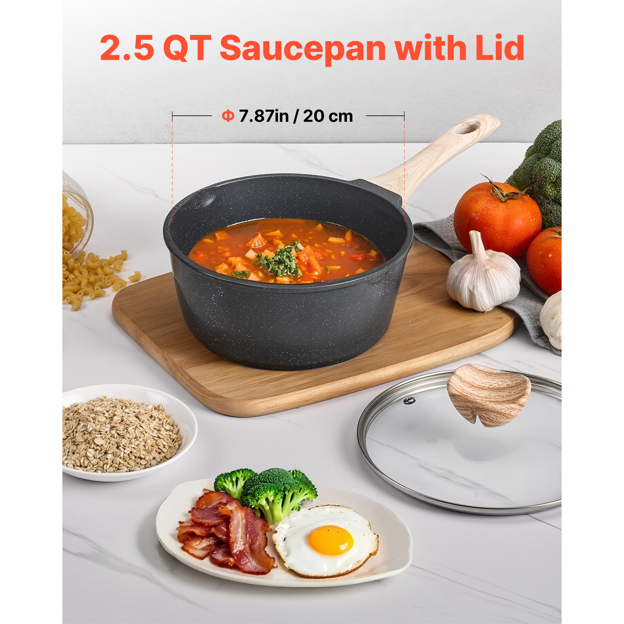 2.5 QT Nonstick Saucepan with Detachable Handle, Speckled Marble Coating Aluminum Cooking Pot for Induction & Gas Stovetops