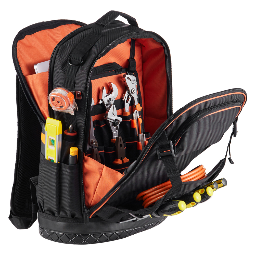 65-Pocket Heavy Duty Tool Backpack with 21-Piece Tool Set, Tear-Resistant Jobsite Organizer for Electricians & Contractors