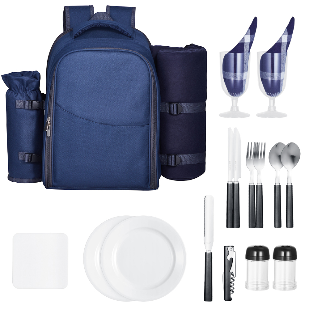Navy Blue Insulated Picnic Backpack for Two with Cooler, Plates & Wine Glasses – All-in-One Outdoor Dining Set
