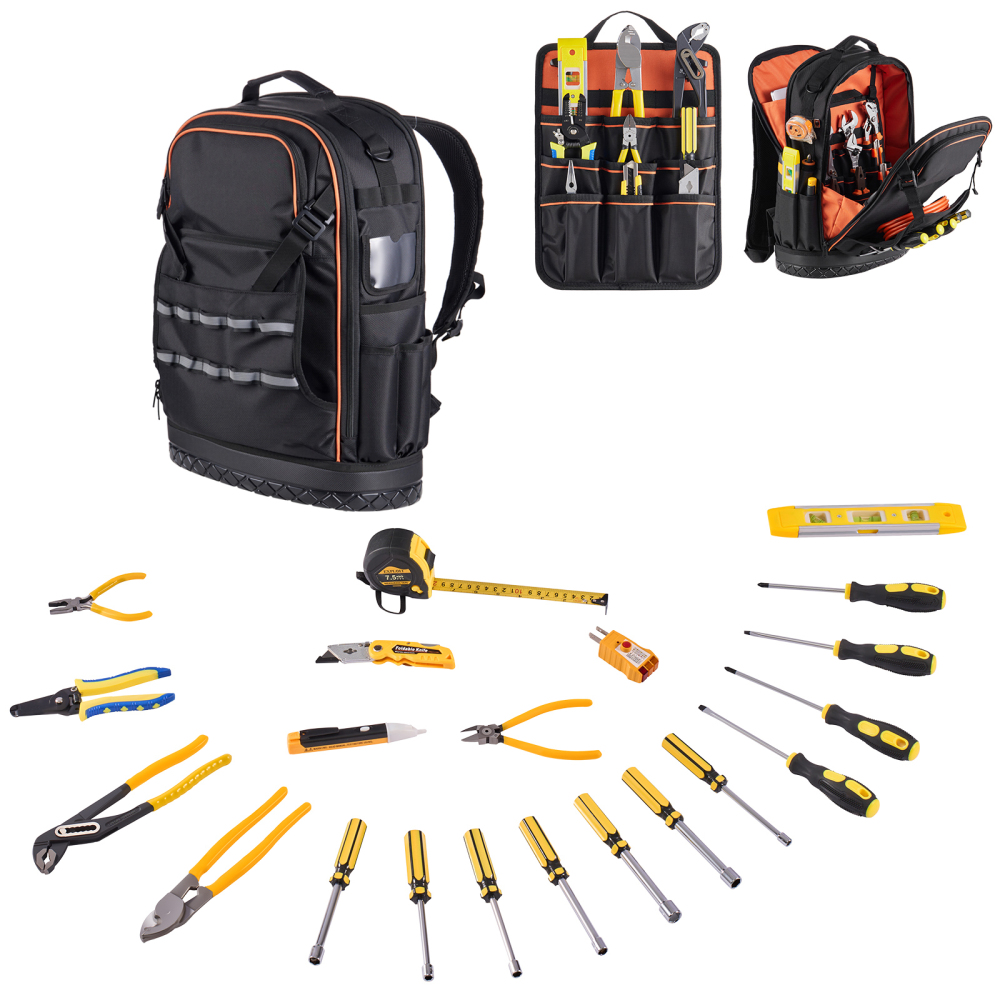 65-Pocket Heavy Duty Tool Backpack with 21-Piece Tool Set, Tear-Resistant Jobsite Organizer for Electricians & Contractors
