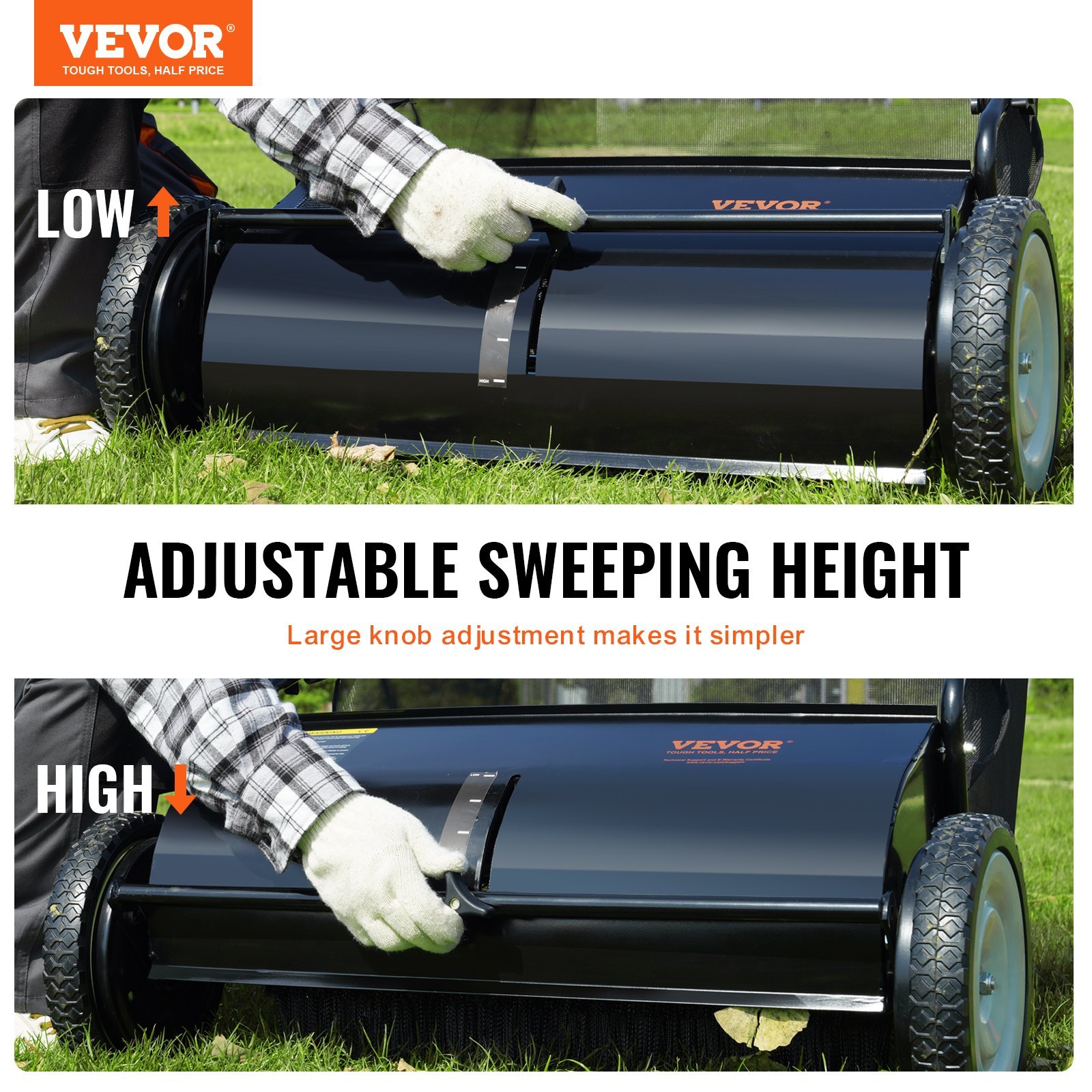 VEVOR 26-Inch Push Lawn Sweeper with Heavy-Duty Steel Frame & Large 7 Cu. Ft. Mesh Collection Bag for Leaves and Grass