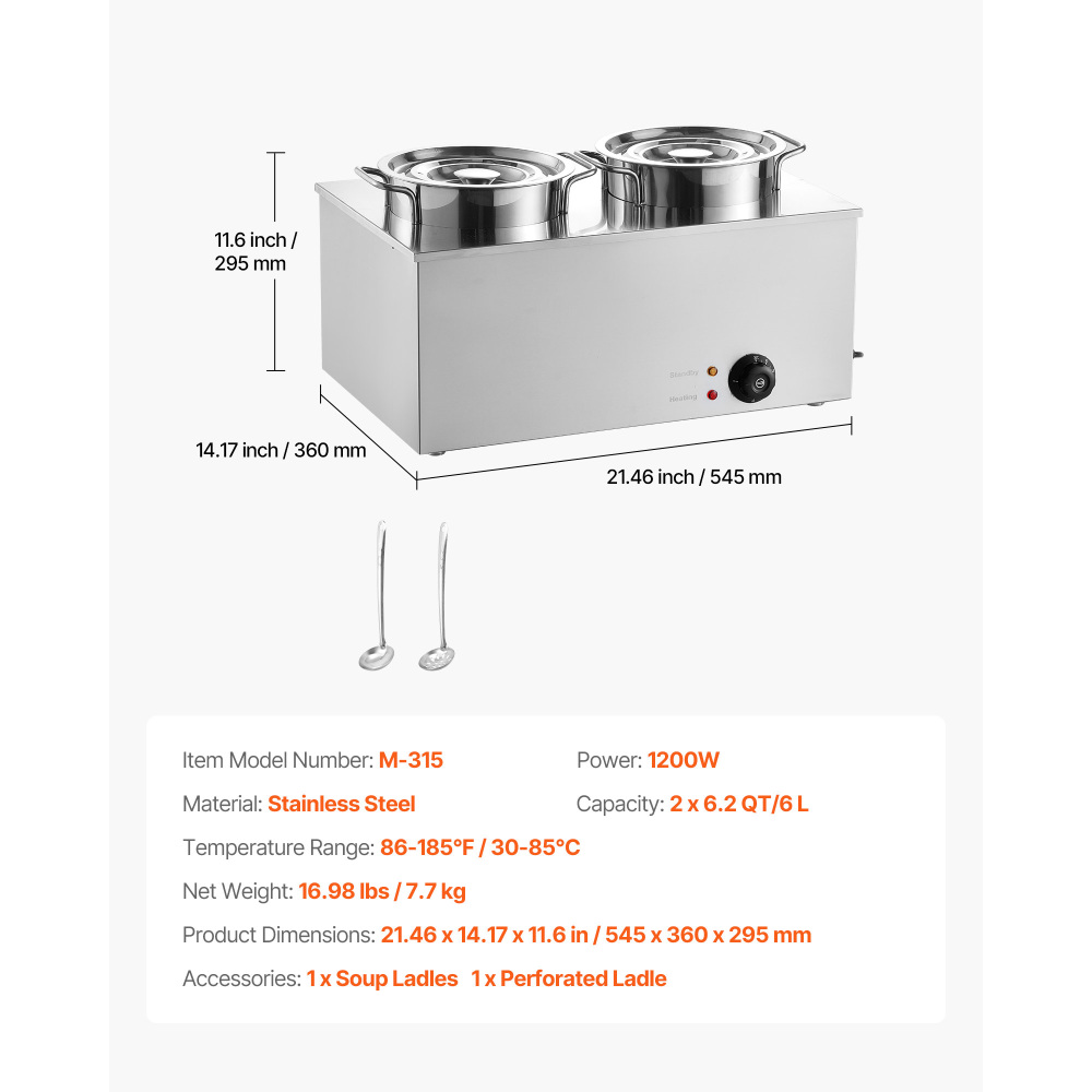 Commercial Stainless Steel Soup Warmer Station - Dual 6.34 Qt Electric Food Kettle with Adjustable Temperature Control