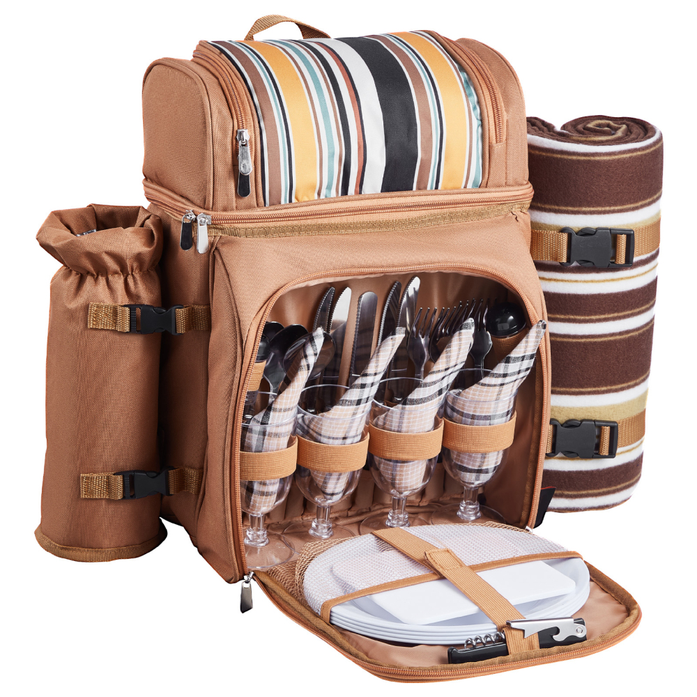 Insulated Picnic Backpack for 4 with Cooler, Waterproof Blanket & Tableware - Portable Outdoor Lunch Bag