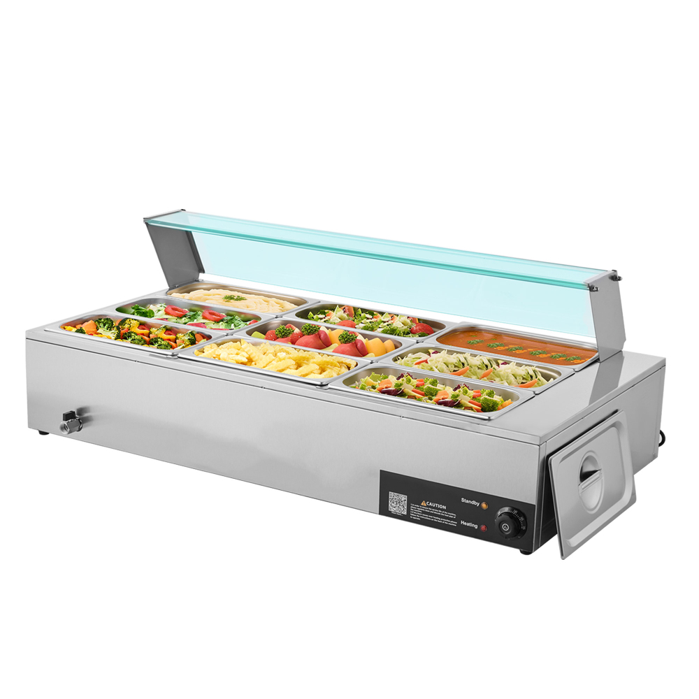 1500W Commercial Electric Steam Table Food Warmer, Stainless Steel 9-Pan Countertop Buffet Bain Marie with Glass Cover & Ladles for Catering