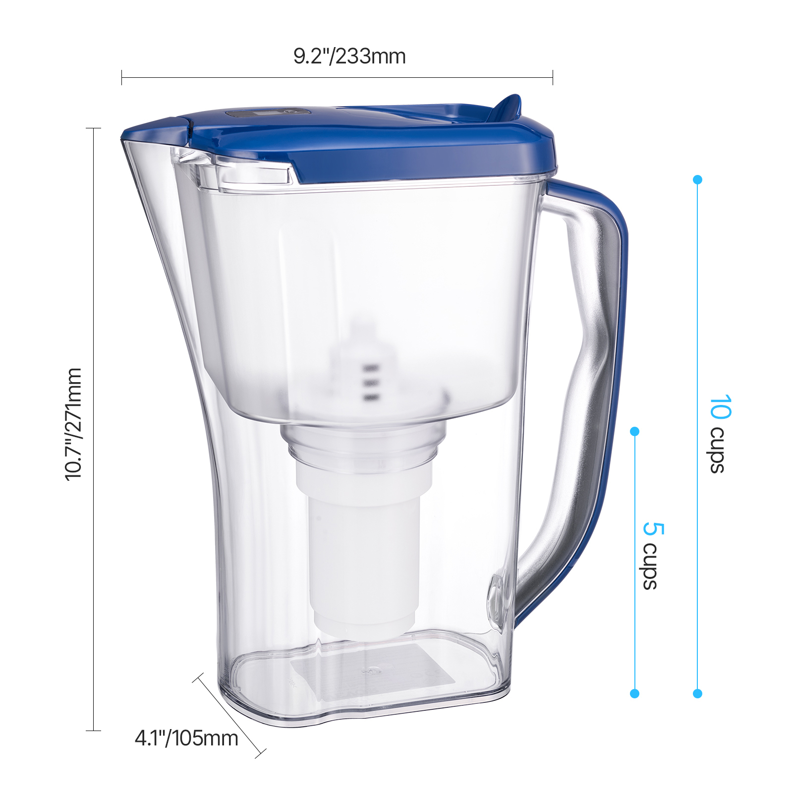 9-Cup Water Filter Pitcher with 5-Stage Filtration & Electronic Timer - BPA-Free Plastic Water Dispenser for Fridge