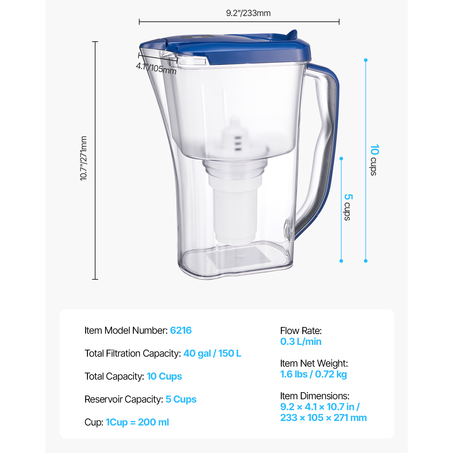 9-Cup Water Filter Pitcher with 5-Stage Filtration & Electronic Timer - BPA-Free Plastic Water Dispenser for Fridge