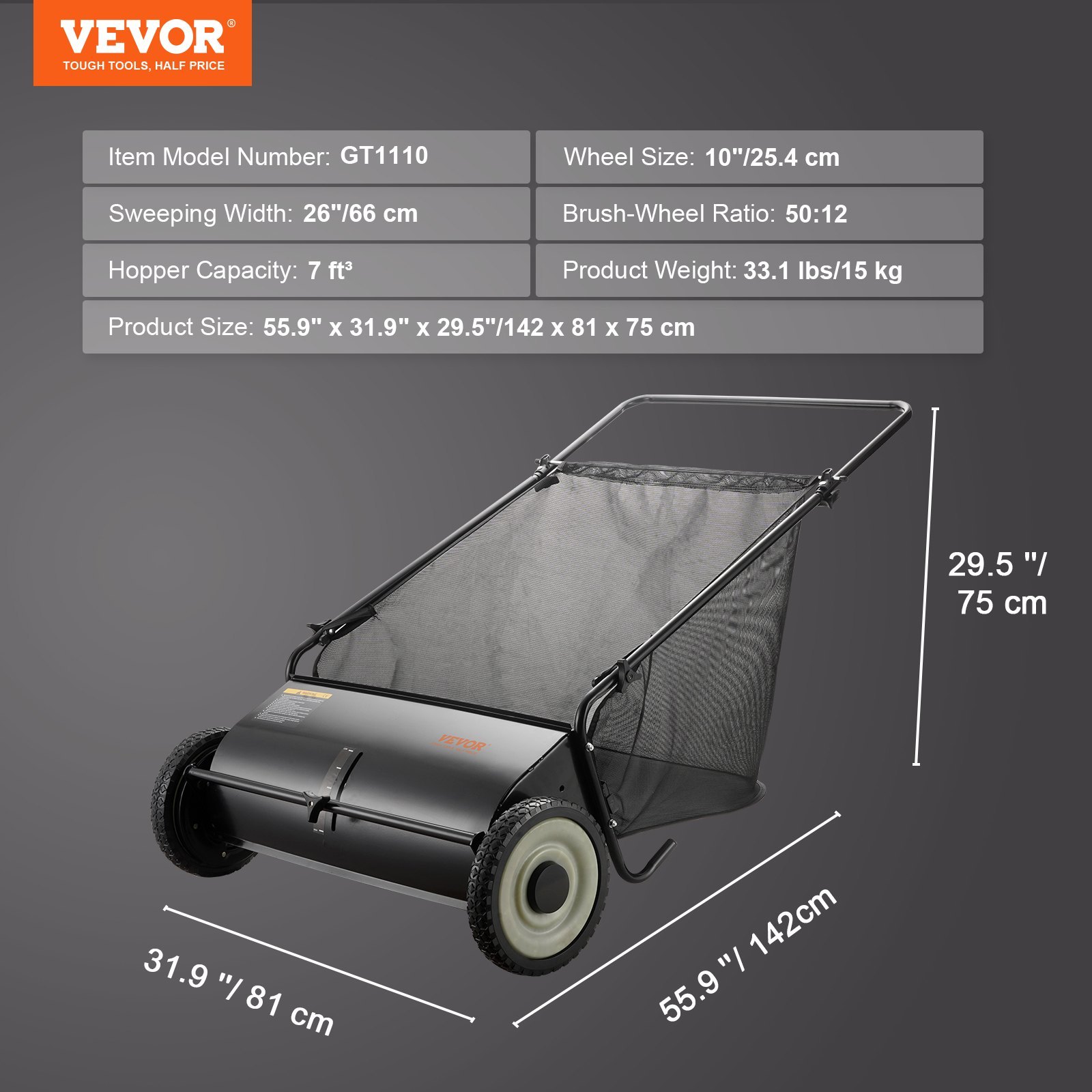 VEVOR 26-Inch Push Lawn Sweeper with Heavy-Duty Steel Frame & Large 7 Cu. Ft. Mesh Collection Bag for Leaves and Grass