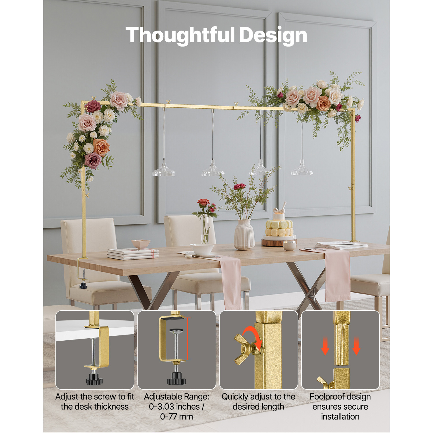 Adjustable Gold Table Balloon Arch Stand with C-Clamp - Heavy Duty Over The Table Rod Frame for Wedding & Party Decor