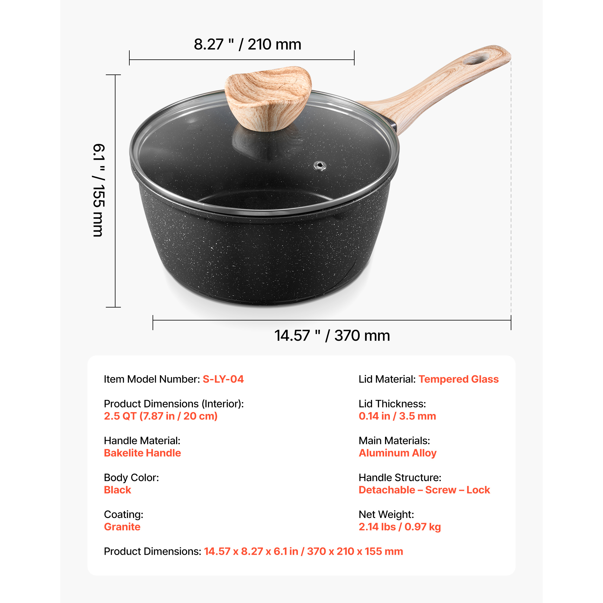 2.5 QT Nonstick Saucepan with Detachable Handle, Speckled Marble Coating Aluminum Cooking Pot for Induction & Gas Stovetops