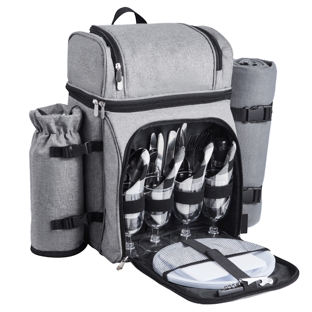 Premium Picnic Backpack Set for 4 with Insulated Cooler, Fleece Blanket & Shatterproof Tableware - Portable Outdoor Dining Kit