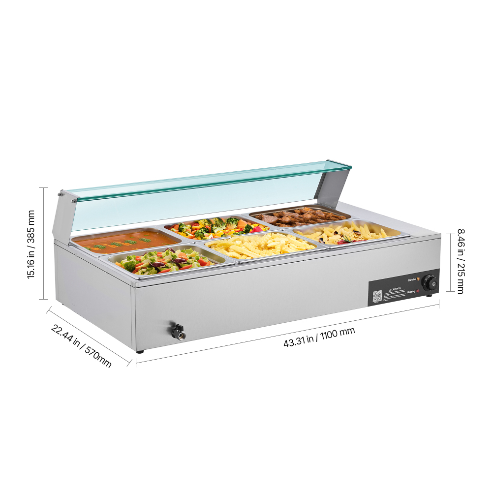 1500W Commercial Electric Food Warmer - Stainless Steel Buffet Bain Marie Steam Table with Glass Cover & 6 Pans for Catering, Restaurant, and Party