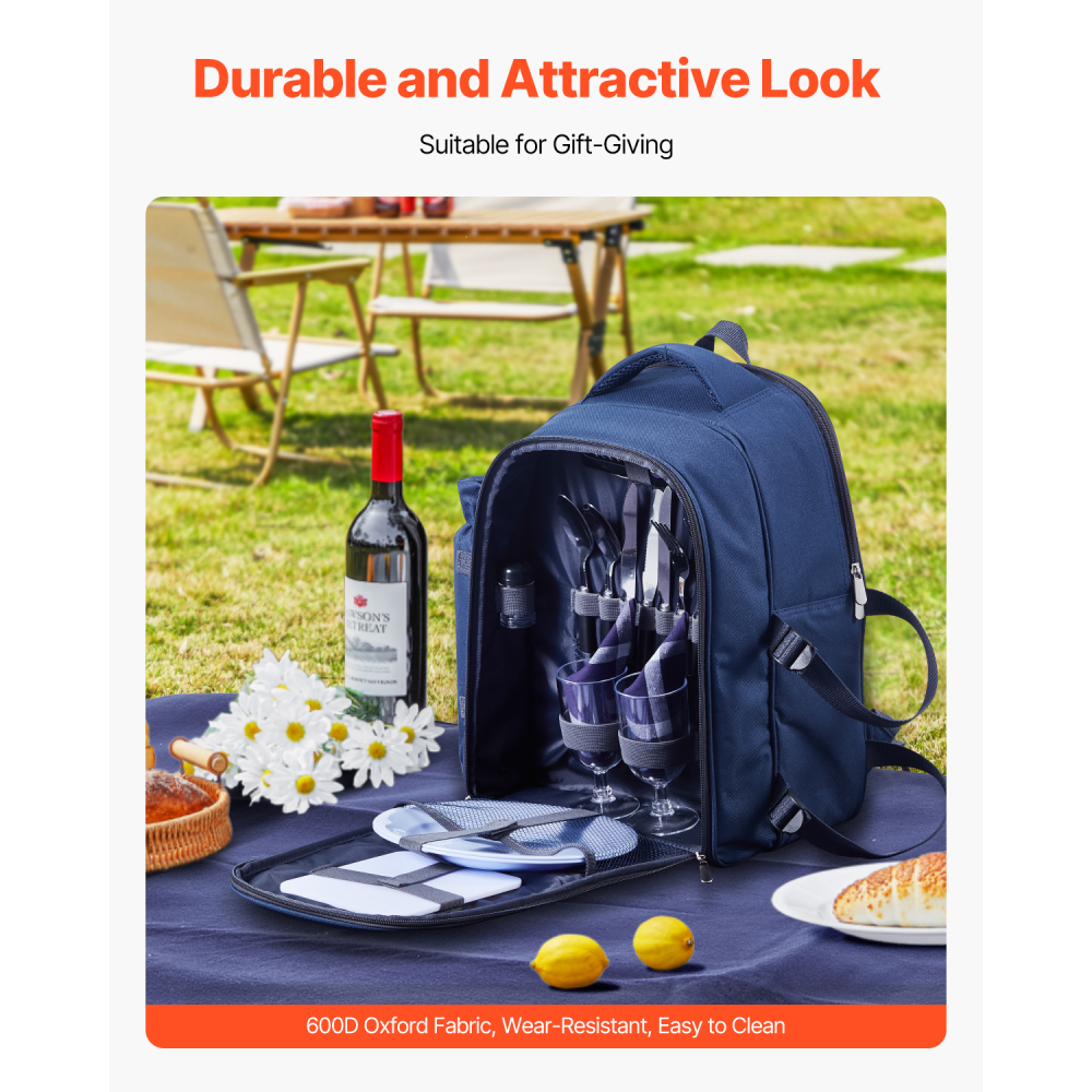 Navy Blue Insulated Picnic Backpack for Two with Cooler, Plates & Wine Glasses – All-in-One Outdoor Dining Set