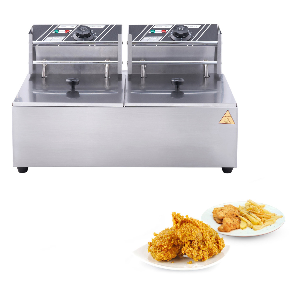 Commercial Electric Deep Fryer Dual Tank Stainless Steel Countertop Fryer with Adjustable Thermostat for Restaurant