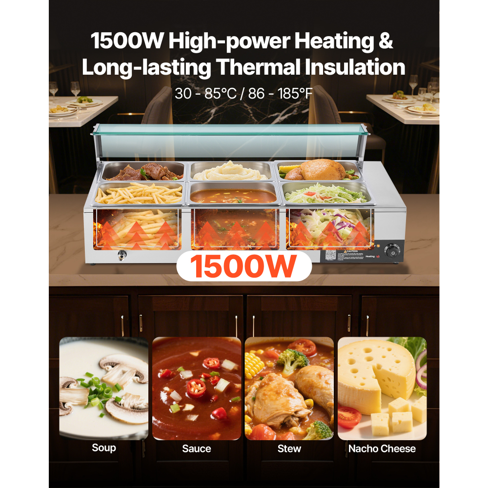 1500W Commercial Electric Food Warmer - Stainless Steel Buffet Bain Marie Steam Table with Glass Cover & 6 Pans for Catering, Restaurant, and Party