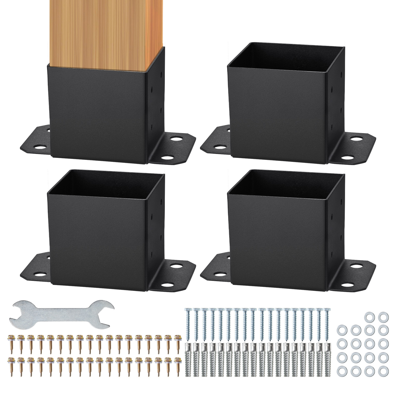 4-Pack Heavy Duty 6x6 Post Base Brackets - Powder Coated Black Steel Deck Support Anchors with Installation Hardware