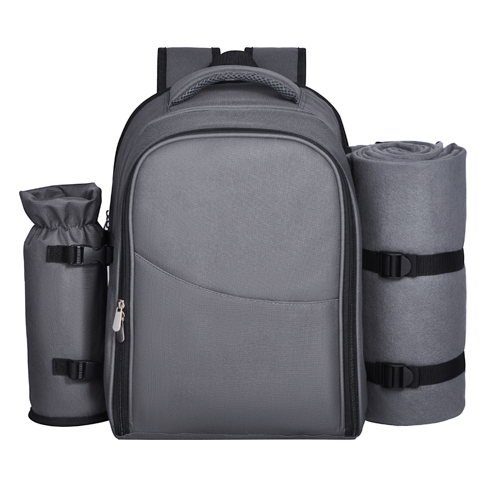 All-in-One Insulated Picnic Backpack for Two with Blanket & Wine Glasses - Grey Outdoor Cooler Bag