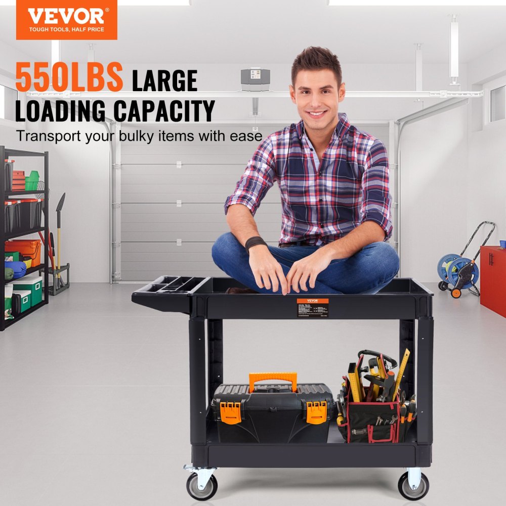 VEVOR Heavy Duty Utility Cart with 550LBS Capacity, 2-Shelf Rolling Service Cart with Lockable Wheels