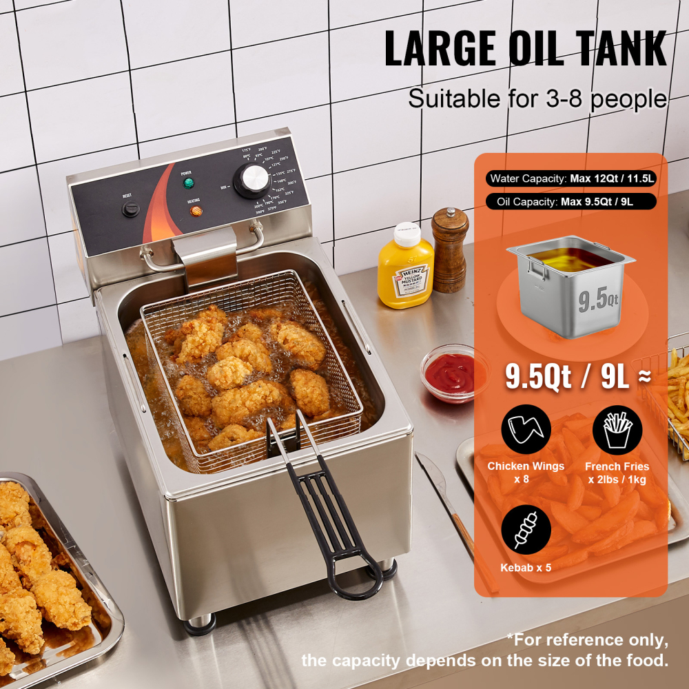 Commercial Electric Deep Fryer Countertop Stainless Steel 12Qt 1750W Heavy Duty Restaurant Kitchen Equipment