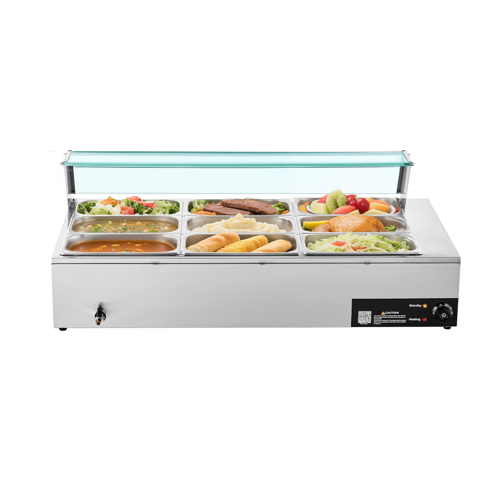 1500W Commercial Electric Steam Table Food Warmer, Stainless Steel 9-Pan Countertop Buffet Bain Marie with Glass Cover & Ladles for Catering