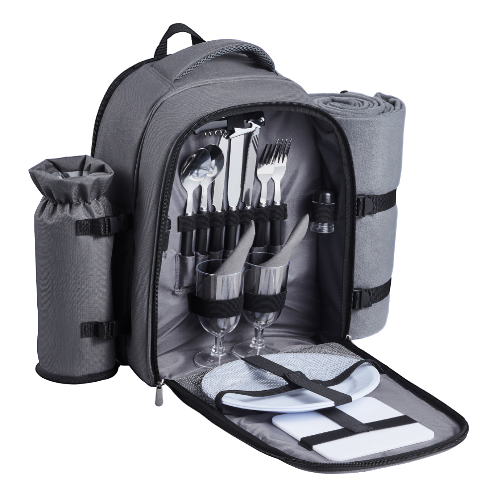 All-in-One Insulated Picnic Backpack for Two with Blanket & Wine Glasses - Grey Outdoor Cooler Bag