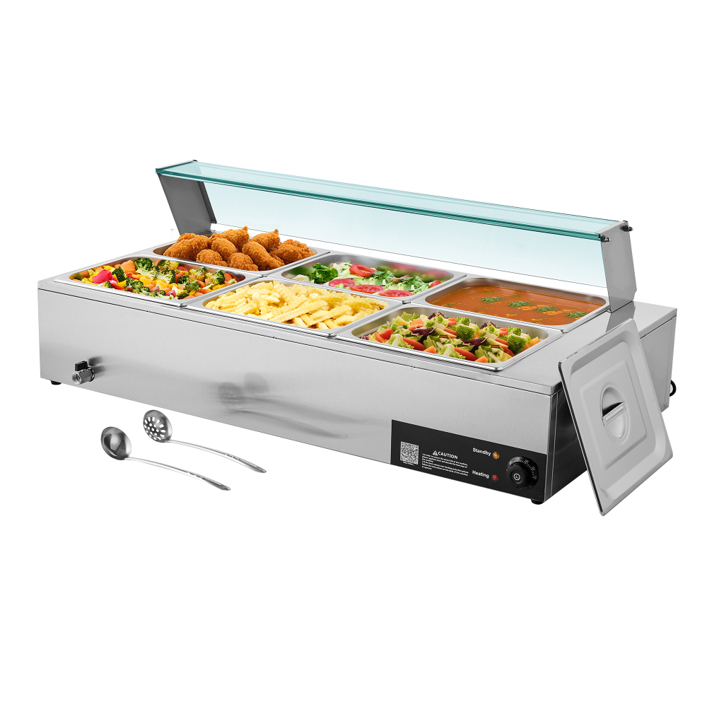 1500W Commercial Electric Food Warmer - Stainless Steel Buffet Bain Marie Steam Table with Glass Cover & 6 Pans for Catering, Restaurant, and Party