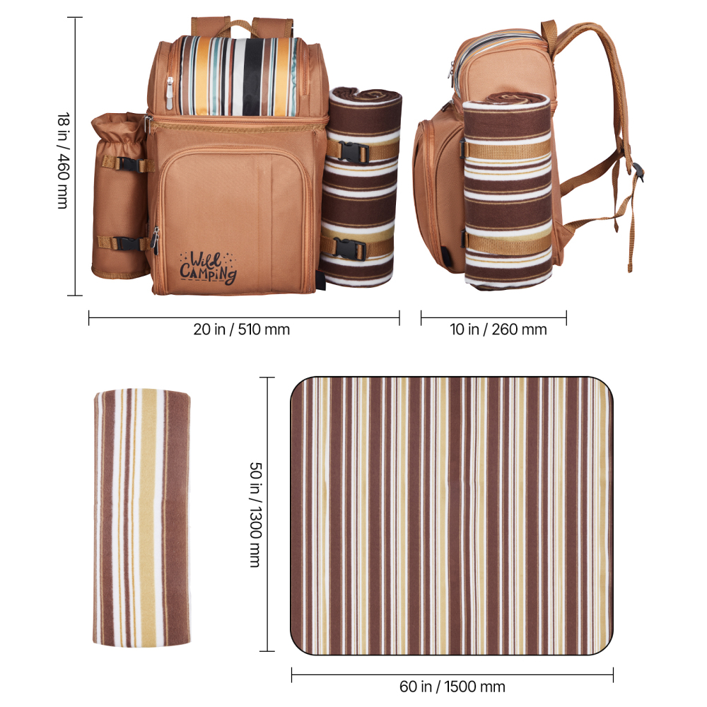 Insulated Picnic Backpack for 4 with Cooler, Waterproof Blanket & Tableware - Portable Outdoor Lunch Bag
