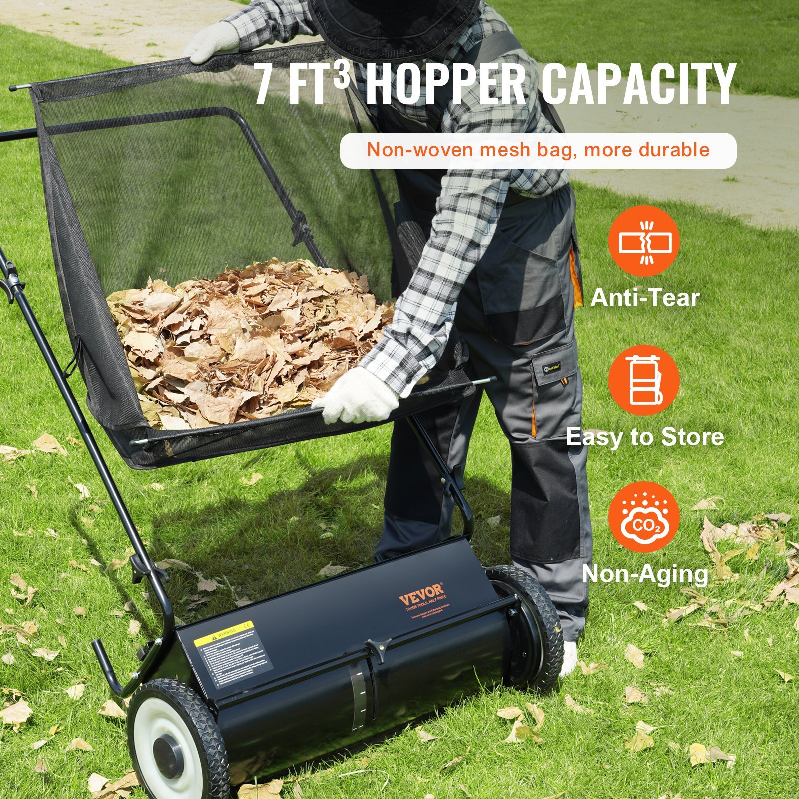 VEVOR 26-Inch Push Lawn Sweeper with Heavy-Duty Steel Frame & Large 7 Cu. Ft. Mesh Collection Bag for Leaves and Grass