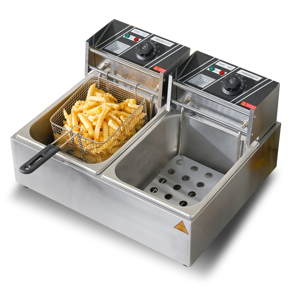 Commercial Electric Deep Fryer Dual Tank Stainless Steel Countertop Fryer with Adjustable Thermostat for Restaurant