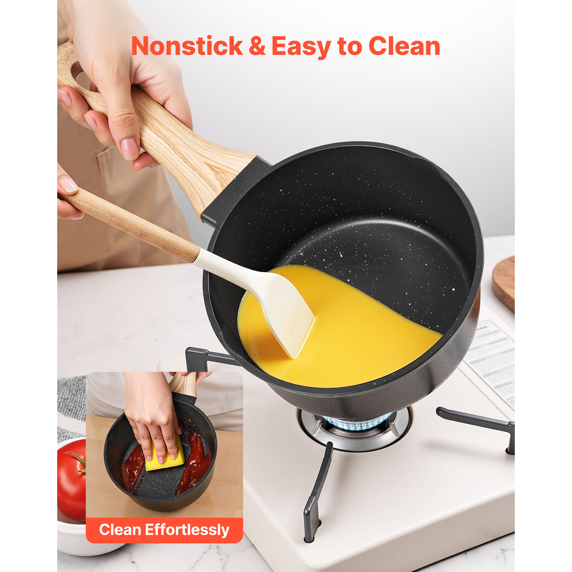 2.5 QT Nonstick Saucepan with Detachable Handle, Speckled Marble Coating Aluminum Cooking Pot for Induction & Gas Stovetops