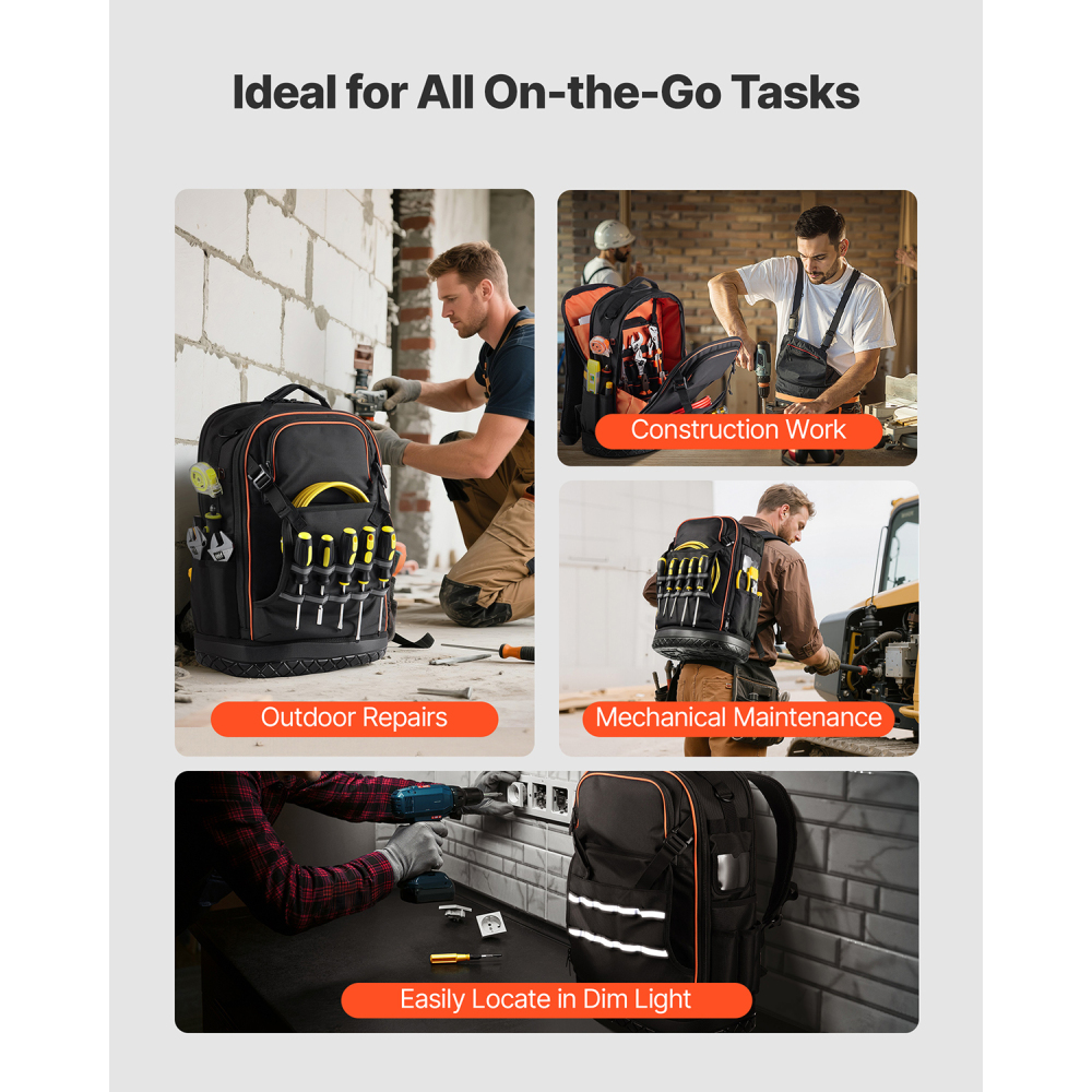 65-Pocket Heavy Duty Tool Backpack with 21-Piece Tool Set, Tear-Resistant Jobsite Organizer for Electricians & Contractors