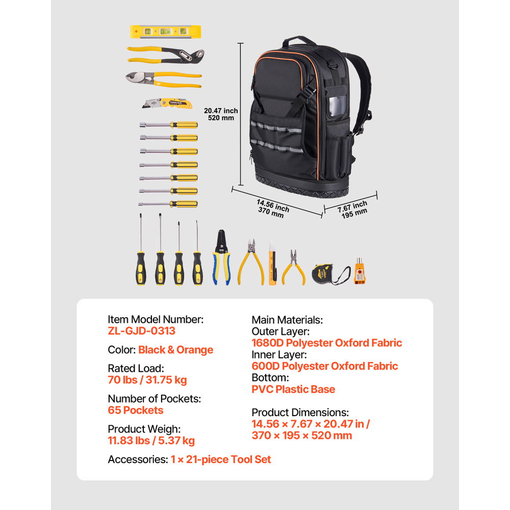 65-Pocket Heavy Duty Tool Backpack with 21-Piece Tool Set, Tear-Resistant Jobsite Organizer for Electricians & Contractors