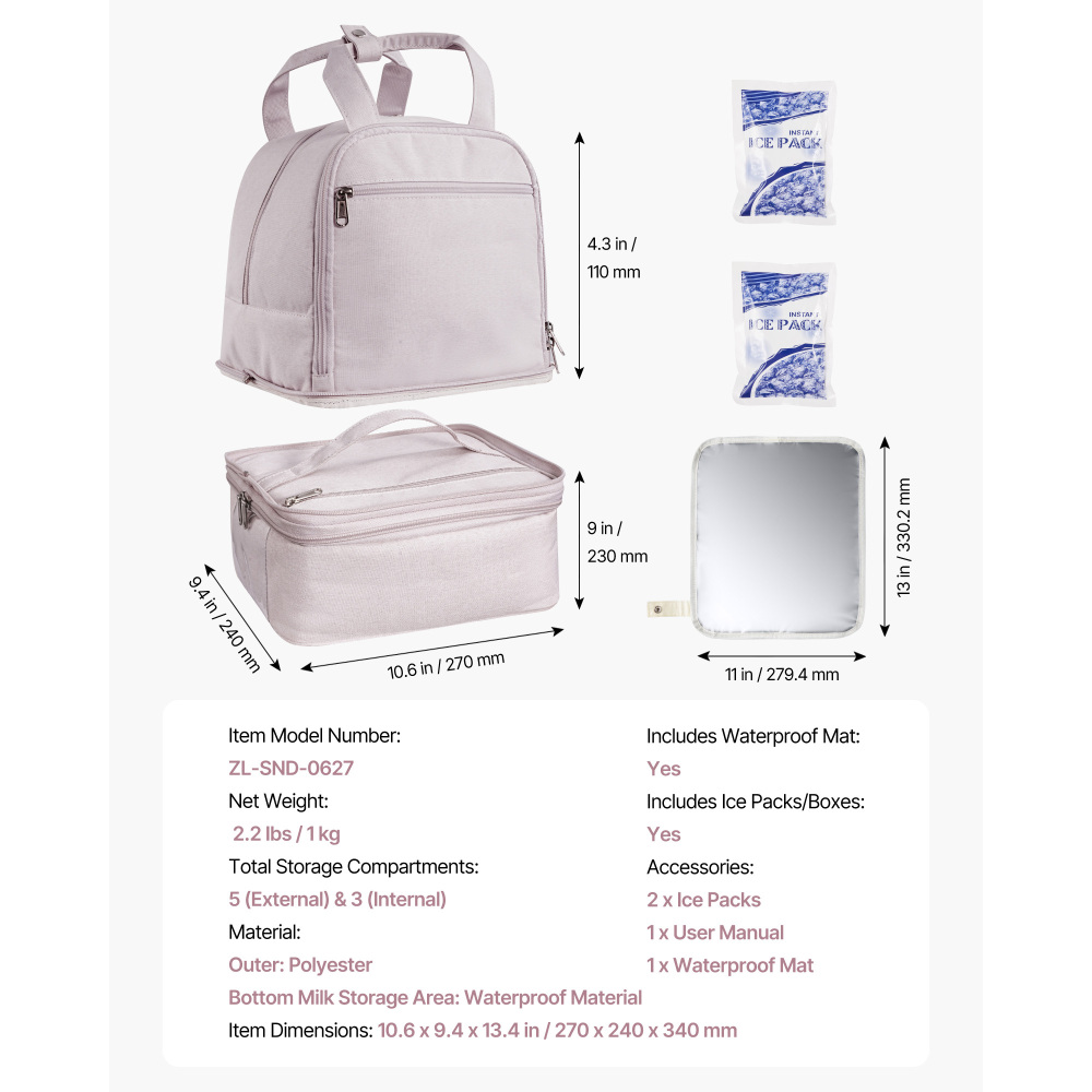 Light Pink Insulated Breast Pump Backpack & Cooler Bag with Ice Packs – Portable Nursing Travel Organizer for Work & Daycare