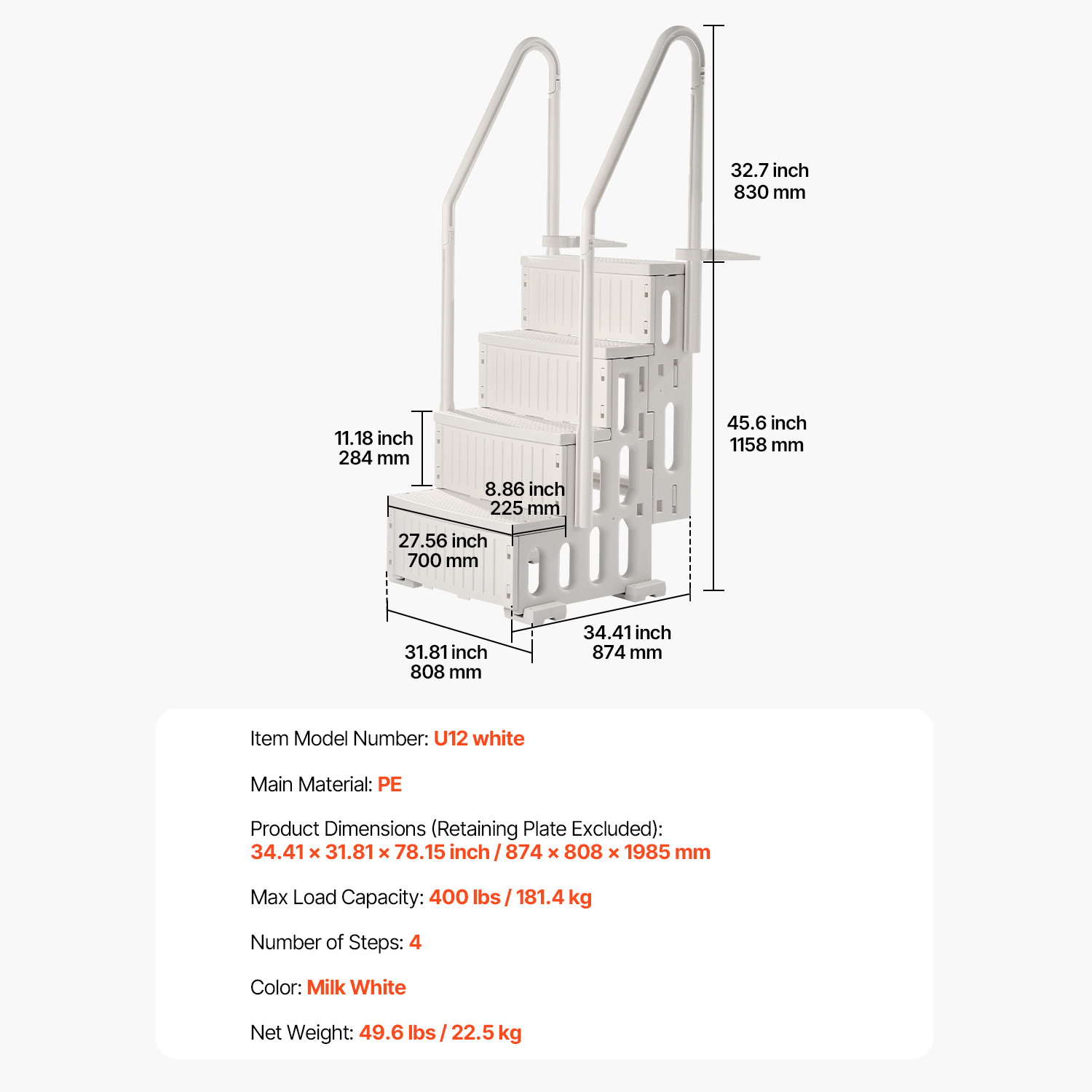 4-Step White Above Ground Pool Ladder with Double Handrails, Heavy Duty Non-Slip Staircase for 48-54 Inch Pools