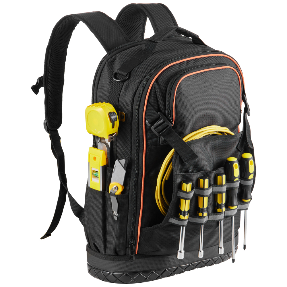 65-Pocket Heavy Duty Tool Backpack with 21-Piece Tool Set, Tear-Resistant Jobsite Organizer for Electricians & Contractors
