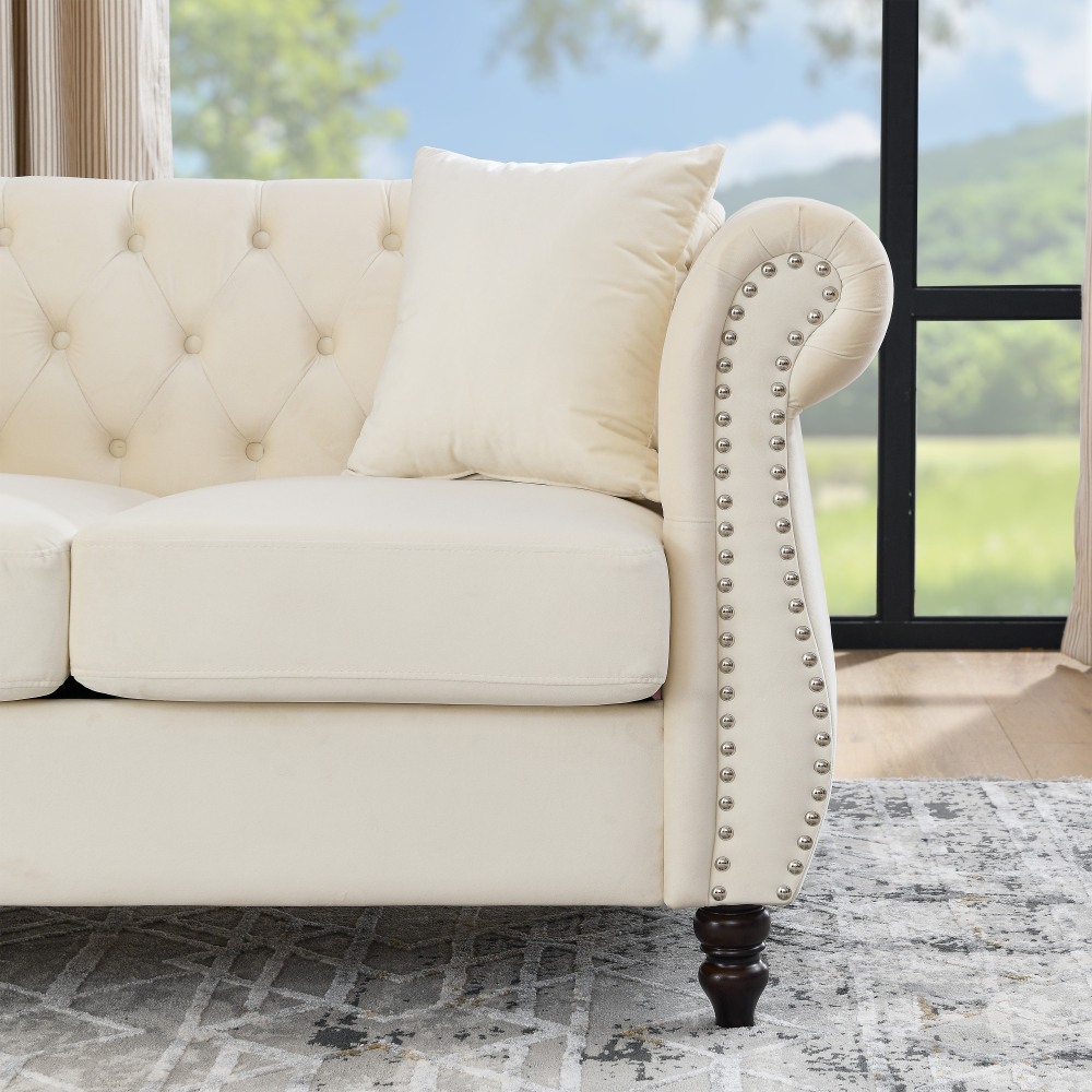 Elegant Beige Velvet Chesterfield Sofa Set with Nailhead Trim - Classic Tufted Living Room Furniture Collection