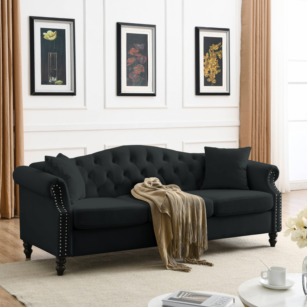 79" Black Velvet Chesterfield Sofa, Tufted 3-Seater Couch with Rolled Arms & Nailhead Trim for Living Room
