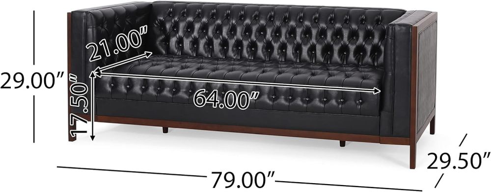 Contemporary Mid-Century Modern Black Leather Sofa with Button Tufted Diamond Stitching & Rubberwood Frame