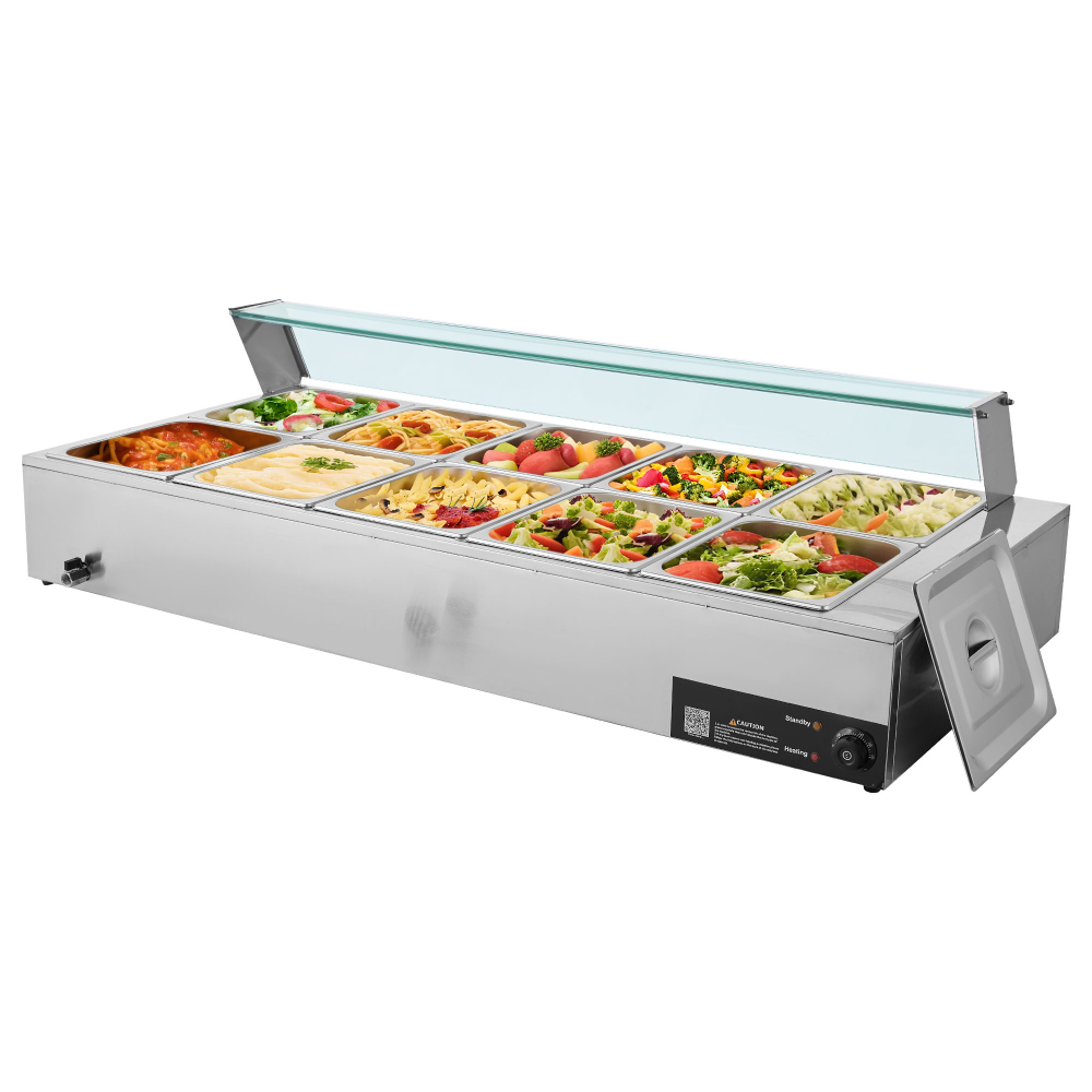 Commercial 10-Pan Electric Food Warmer, Stainless Steel Steam Table with Glass Shield & Adjustable Temperature for Buffet Catering