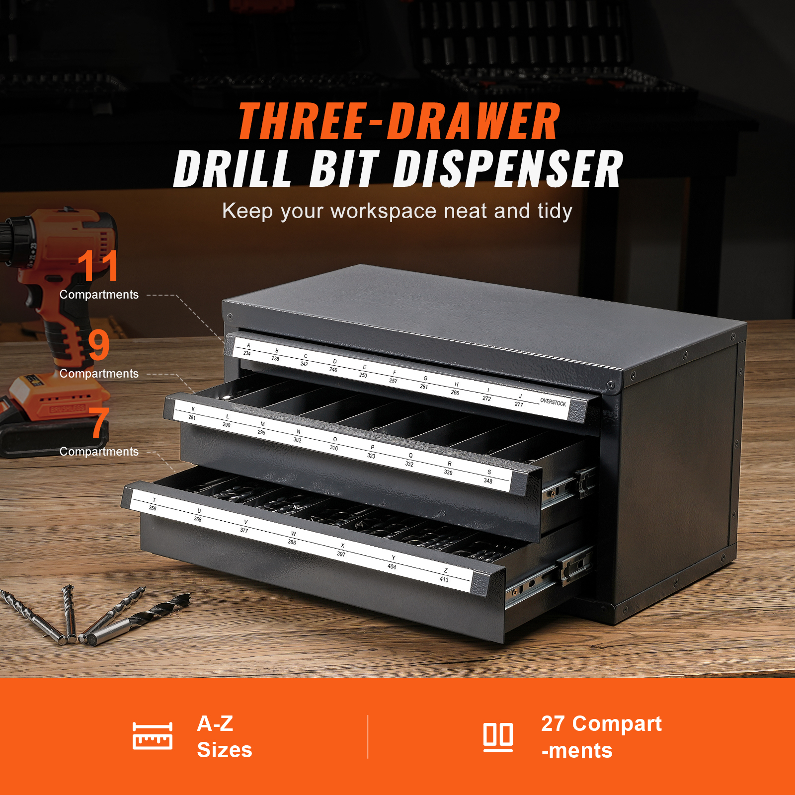 Industrial Steel Drill Bit Dispenser Cabinet - 3-Drawer A-Z Letter Size Tool Organizer with Ball-Bearing Slides & Labels