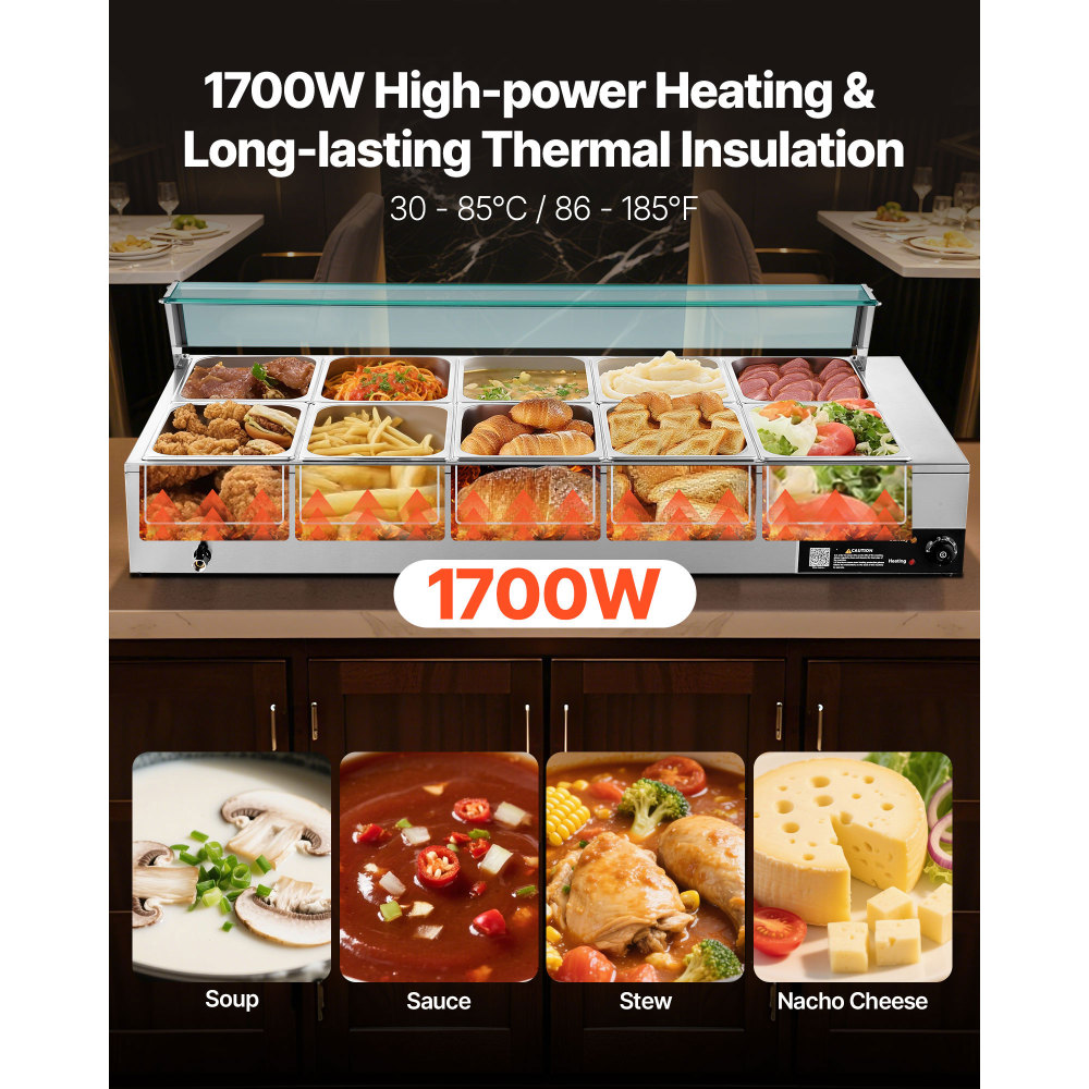 Commercial 10-Pan Electric Food Warmer, Stainless Steel Steam Table with Glass Shield & Adjustable Temperature for Buffet Catering