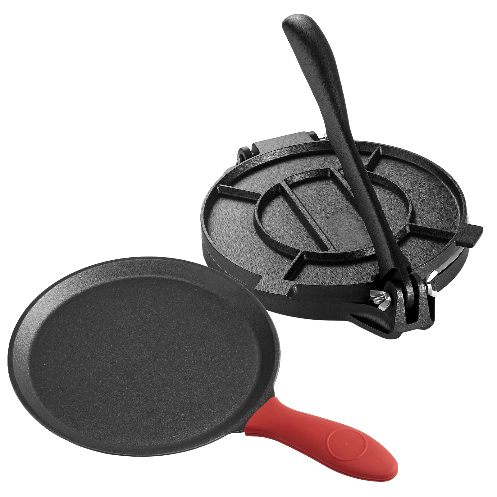 10-Inch Heavy Duty Cast Iron Tortilla Press & Flat Frying Pan Set - Non-Stick Roti Maker for Homemade Tacos, Chapati, and Flatbreads