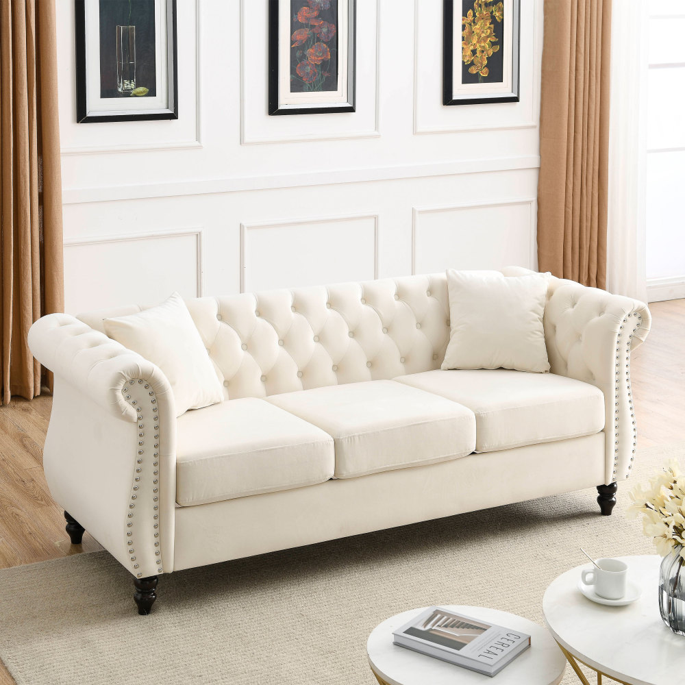 Elegant Beige Velvet Chesterfield Sofa Set with Nailhead Trim - Classic Tufted Living Room Furniture Collection