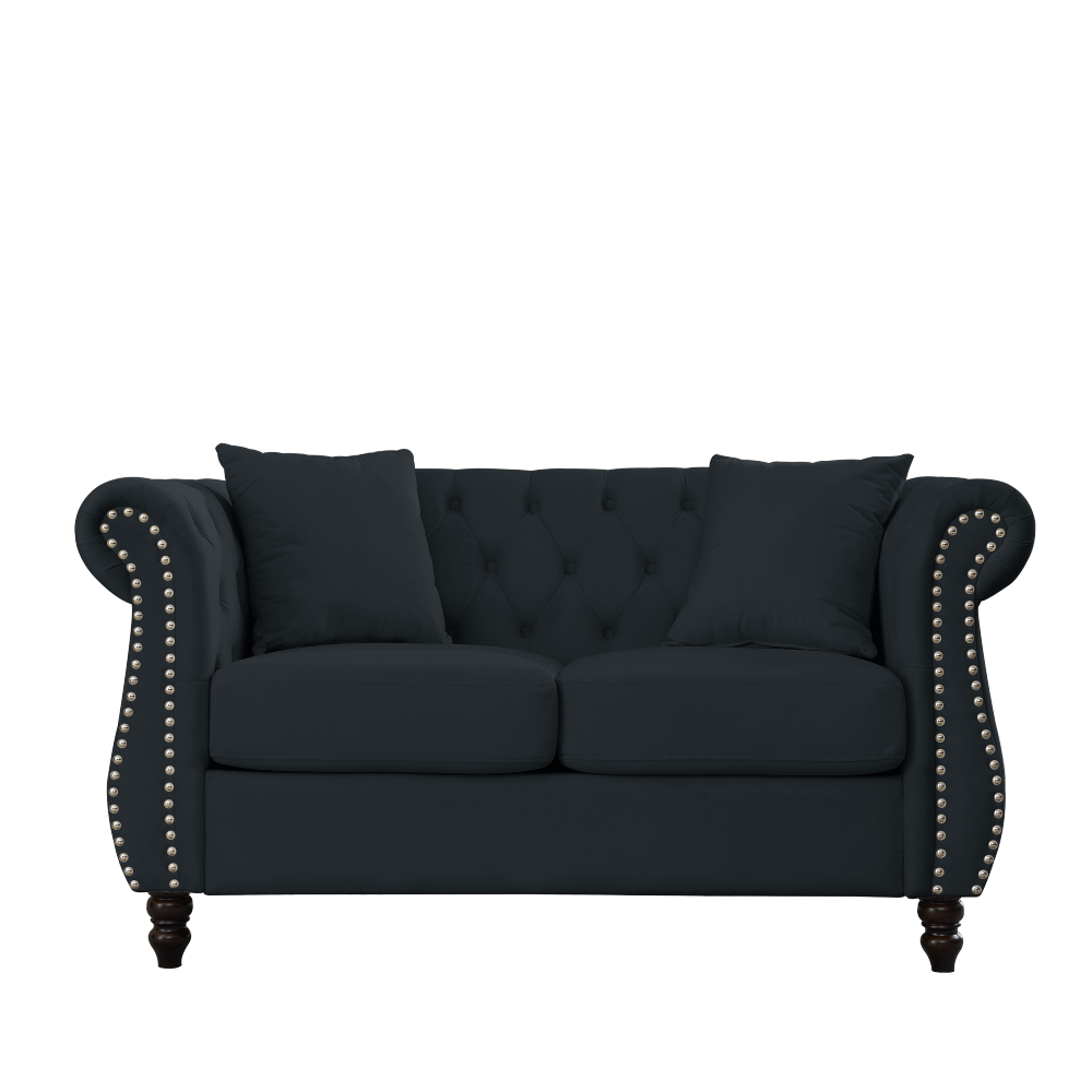80" Black Velvet Chesterfield Sofa Set with Rolled Arms & Nailhead Trim - Elegant 3-Seater Tufted Couch for Living Room, Office or Apartment Decor