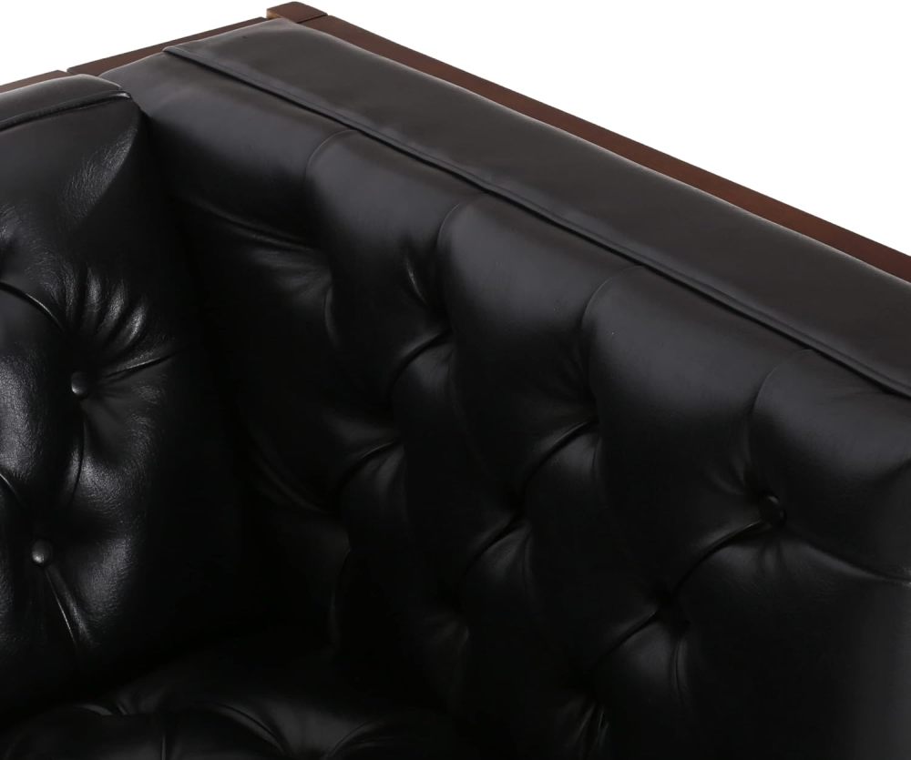 Contemporary Mid-Century Modern Black Leather Sofa with Button Tufted Diamond Stitching & Rubberwood Frame