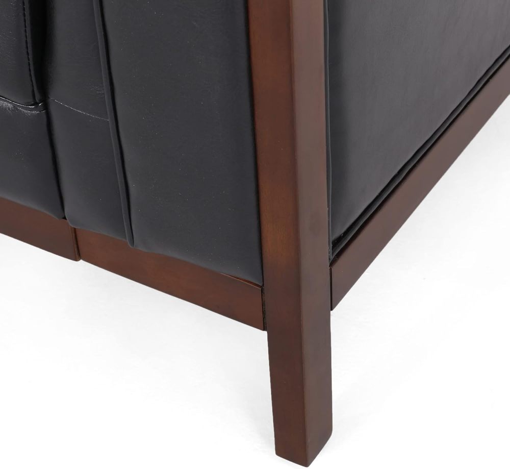 Contemporary Mid-Century Modern Black Leather Sofa with Button Tufted Diamond Stitching & Rubberwood Frame